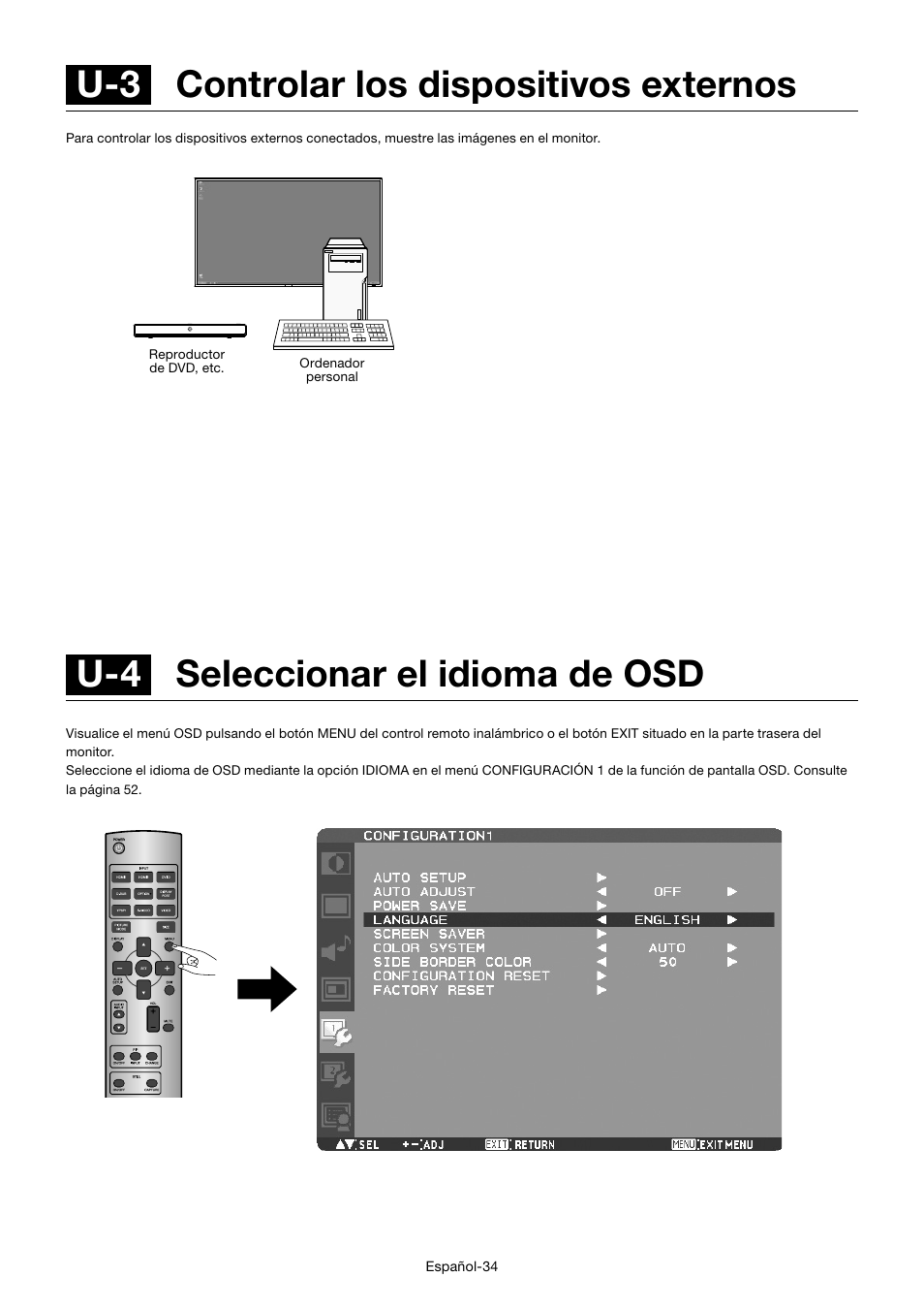 U-4 seleccionar el idioma de osd, U-3 controlar los dispositivos externos | MITSUBISHI ELECTRIC MDT701S User Manual | Page 170 / 404