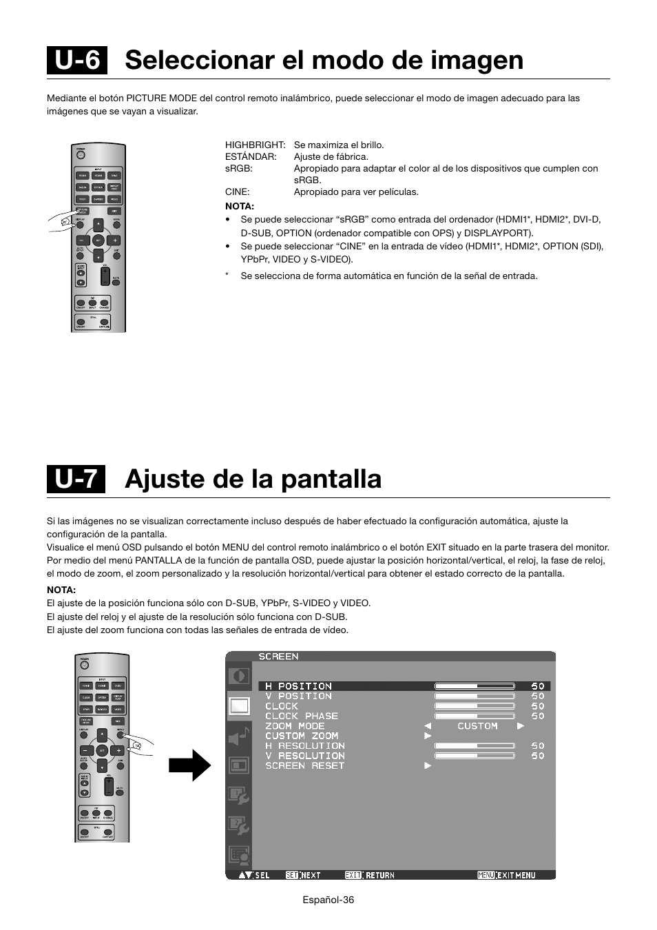 U-7 ajuste de la pantalla, U-6 seleccionar el modo de imagen | MITSUBISHI ELECTRIC MDT701S User Manual | Page 172 / 404