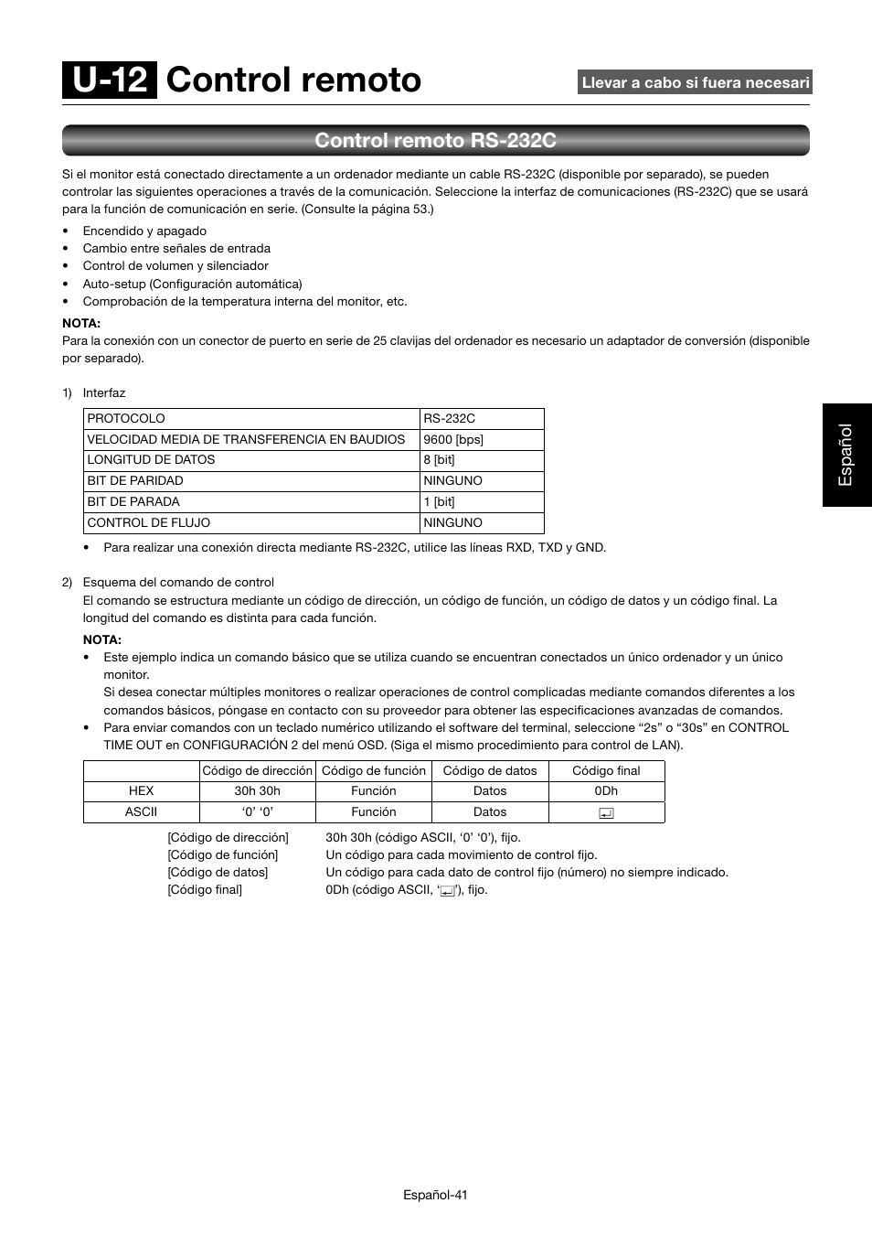 U-12 control remoto, Control remoto rs-232c, Español | MITSUBISHI ELECTRIC MDT701S User Manual | Page 177 / 404