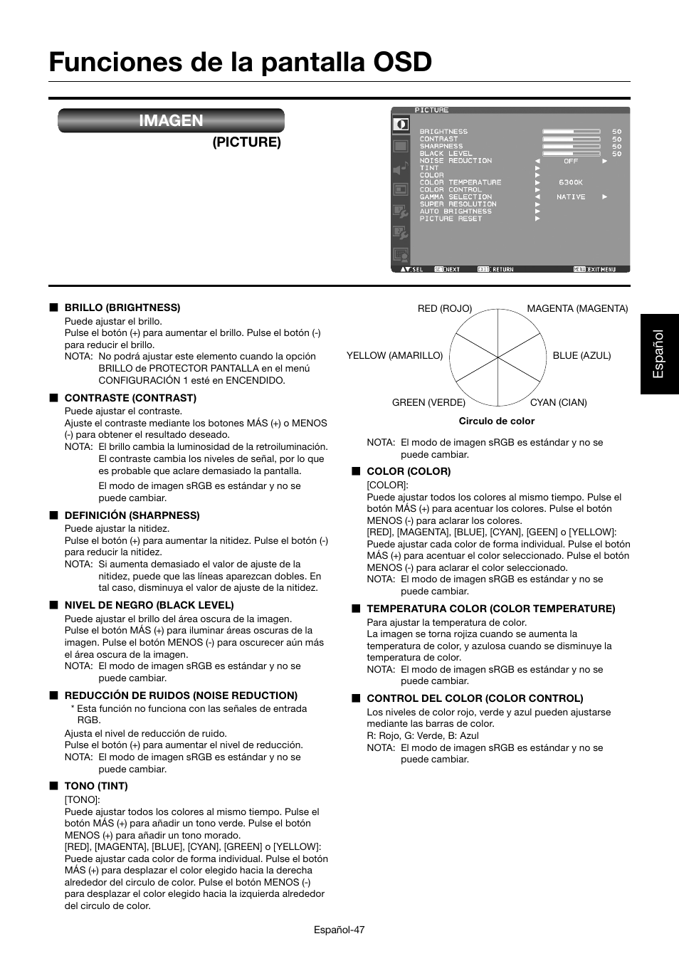 Funciones de la pantalla osd, Imagen, Español | Picture) | MITSUBISHI ELECTRIC MDT701S User Manual | Page 183 / 404