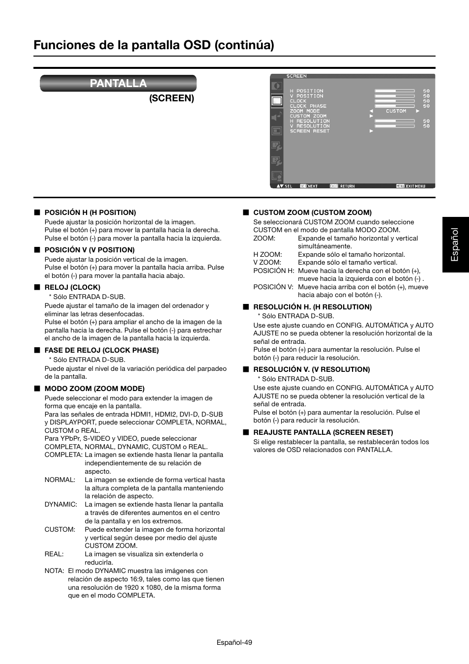 Funciones de la pantalla osd (continúa), Pantalla, Español | Screen) | MITSUBISHI ELECTRIC MDT701S User Manual | Page 185 / 404