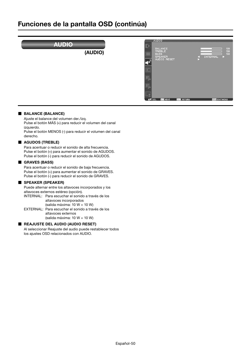 Funciones de la pantalla osd (continúa), Audio | MITSUBISHI ELECTRIC MDT701S User Manual | Page 186 / 404