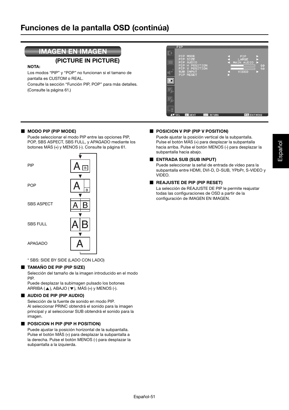 Funciones de la pantalla osd (continúa), Imagen en imagen, Español | Picture in picture) | MITSUBISHI ELECTRIC MDT701S User Manual | Page 187 / 404