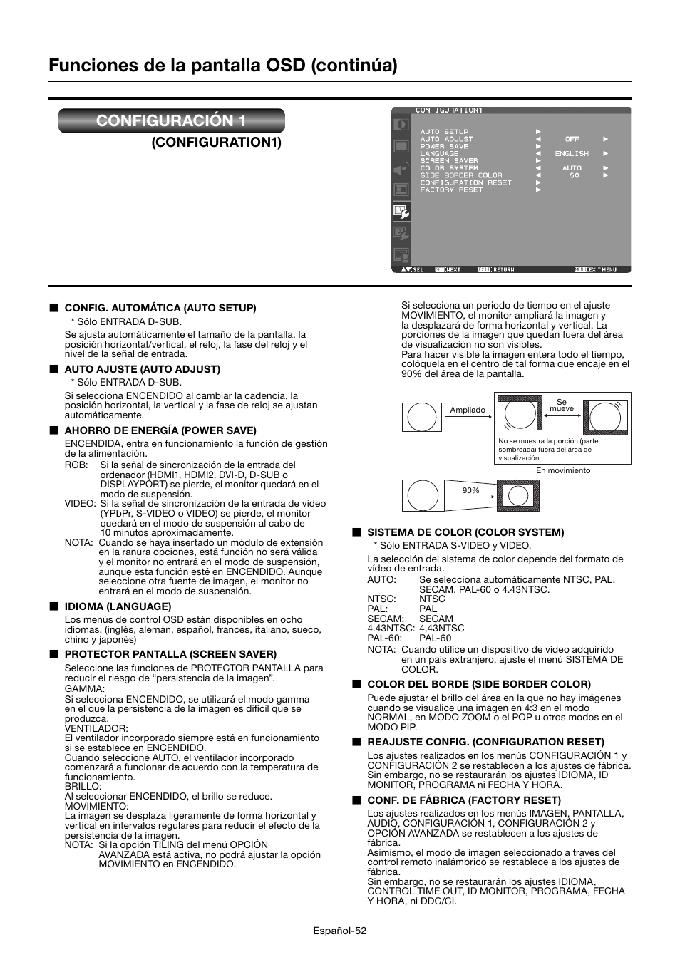 Funciones de la pantalla osd (continúa), Configuración 1, Configuration1) | MITSUBISHI ELECTRIC MDT701S User Manual | Page 188 / 404