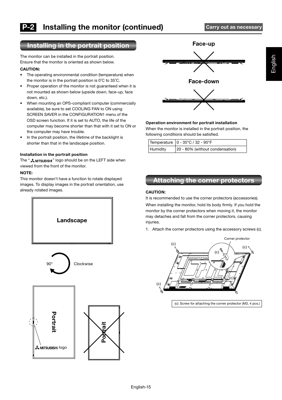 P-2 installing the monitor (continued), Installing in the portrait position, Attaching the corner protectors | English, Face-up face-down, Po rt ra it po rt ra it, Landscape | MITSUBISHI ELECTRIC MDT701S User Manual | Page 19 / 404