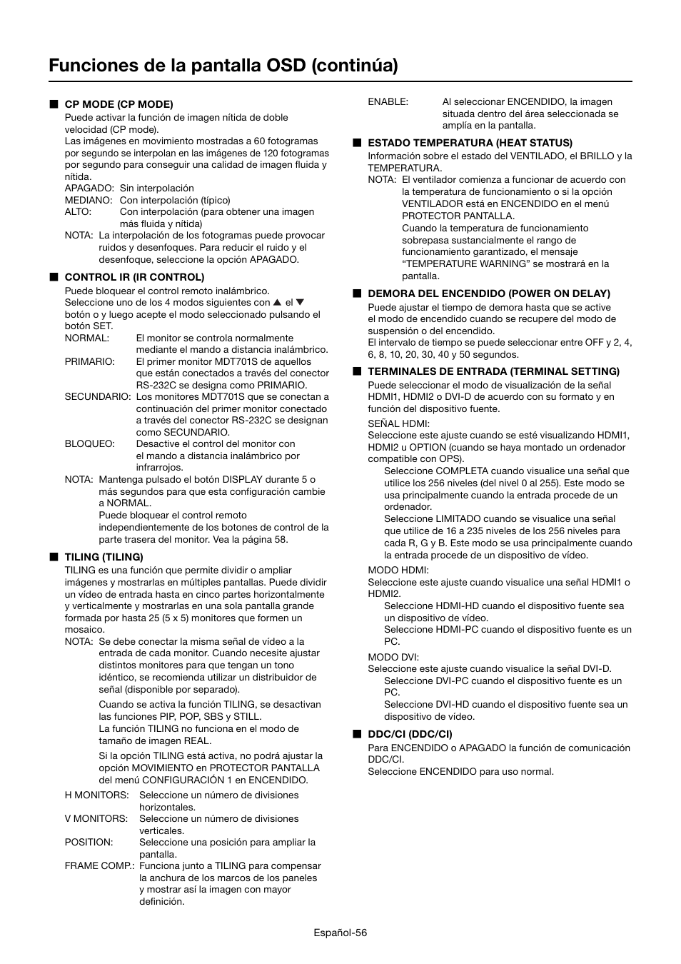 Funciones de la pantalla osd (continúa) | MITSUBISHI ELECTRIC MDT701S User Manual | Page 192 / 404