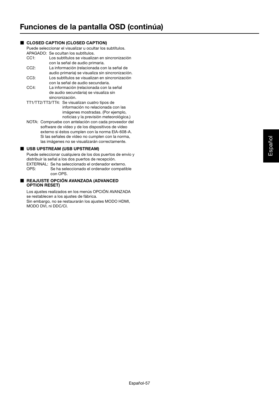 Funciones de la pantalla osd (continúa), Español | MITSUBISHI ELECTRIC MDT701S User Manual | Page 193 / 404