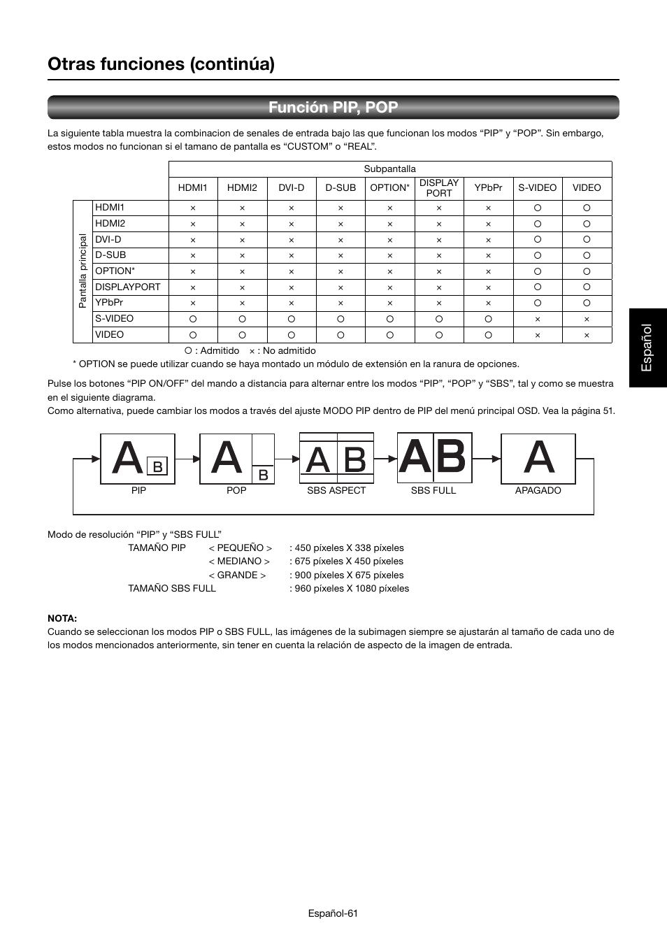 Otras funciones (continúa), Función pip, pop, Español | MITSUBISHI ELECTRIC MDT701S User Manual | Page 197 / 404