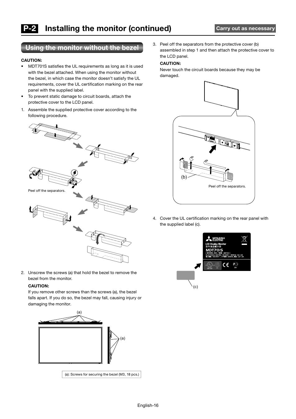 P-2 installing the monitor (continued), Using the monitor without the bezel | MITSUBISHI ELECTRIC MDT701S User Manual | Page 20 / 404