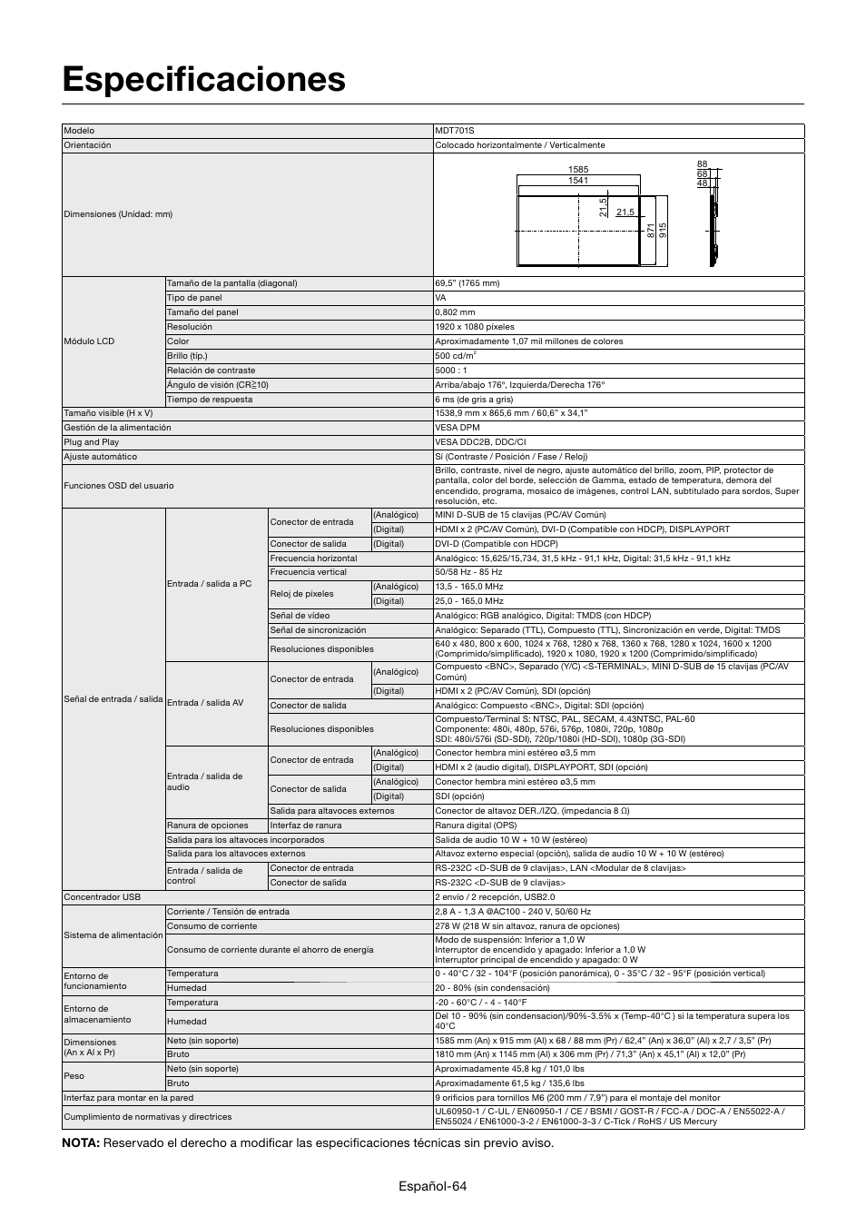 Especifi caciones, Español-64 | MITSUBISHI ELECTRIC MDT701S User Manual | Page 200 / 404