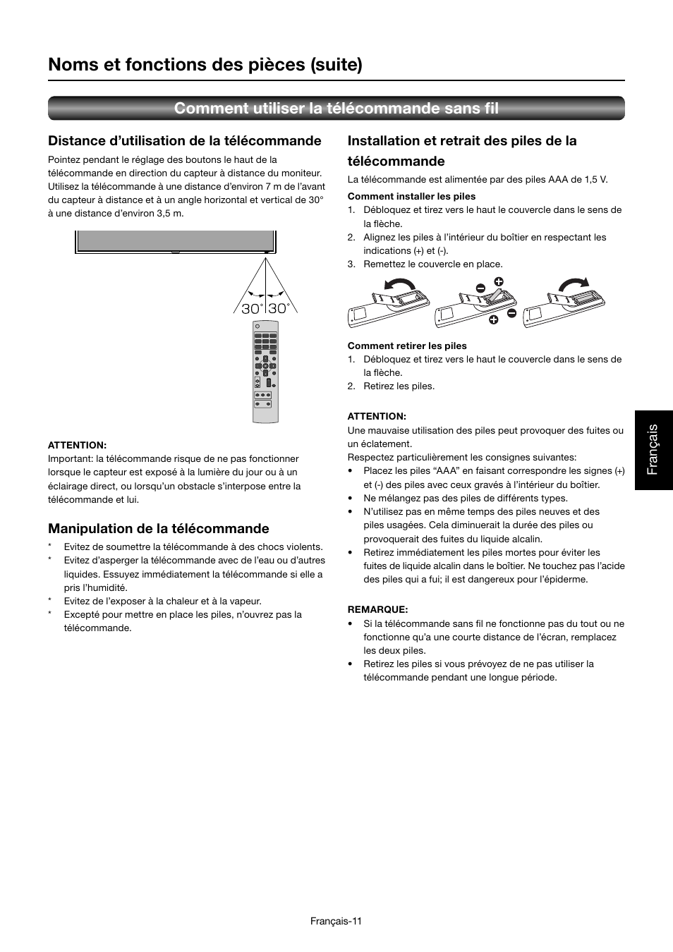 Noms et fonctions des pièces (suite), Comment utiliser la télécommande sans fi l, Français distance d’utilisation de la télécommande | Manipulation de la télécommande | MITSUBISHI ELECTRIC MDT701S User Manual | Page 213 / 404