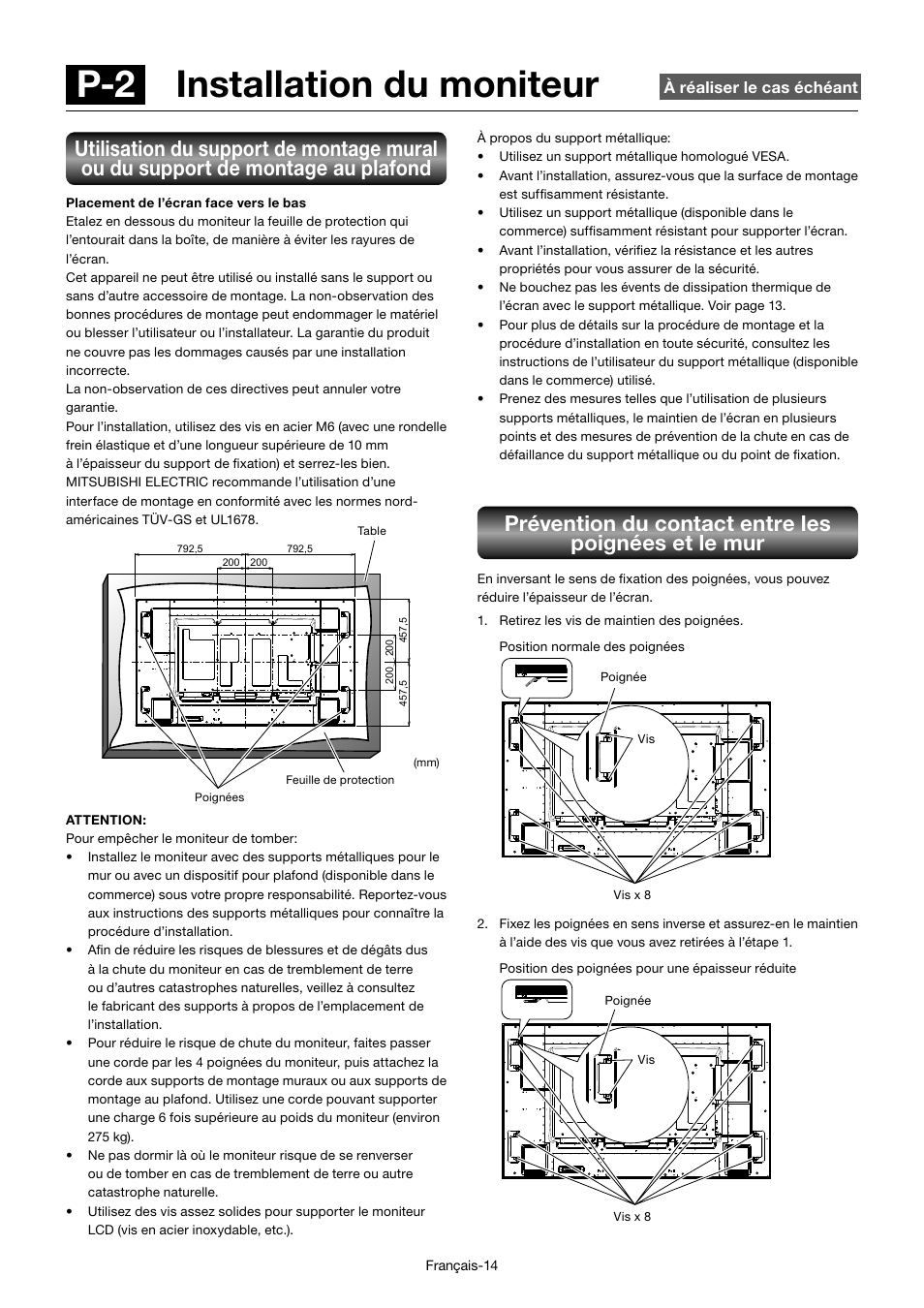 P-2 installation du moniteur, Prévention du contact entre les poignées et le mur | MITSUBISHI ELECTRIC MDT701S User Manual | Page 216 / 404