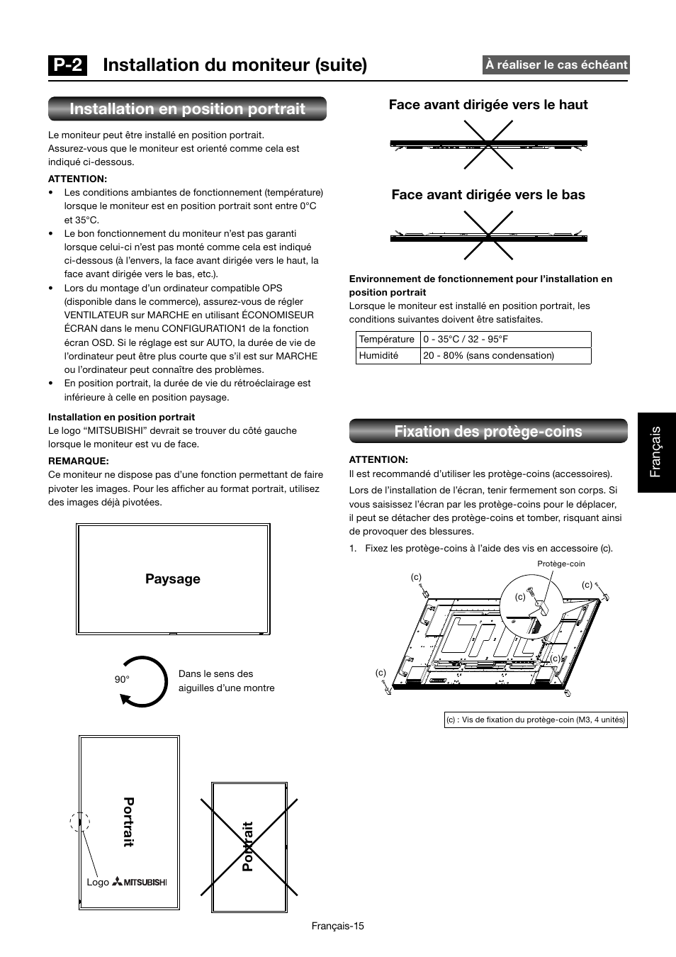 P-2 installation du moniteur (suite), Installation en position portrait, Fixation des protège-coins | Français, Po rt ra it po rt ra it, Paysage | MITSUBISHI ELECTRIC MDT701S User Manual | Page 217 / 404