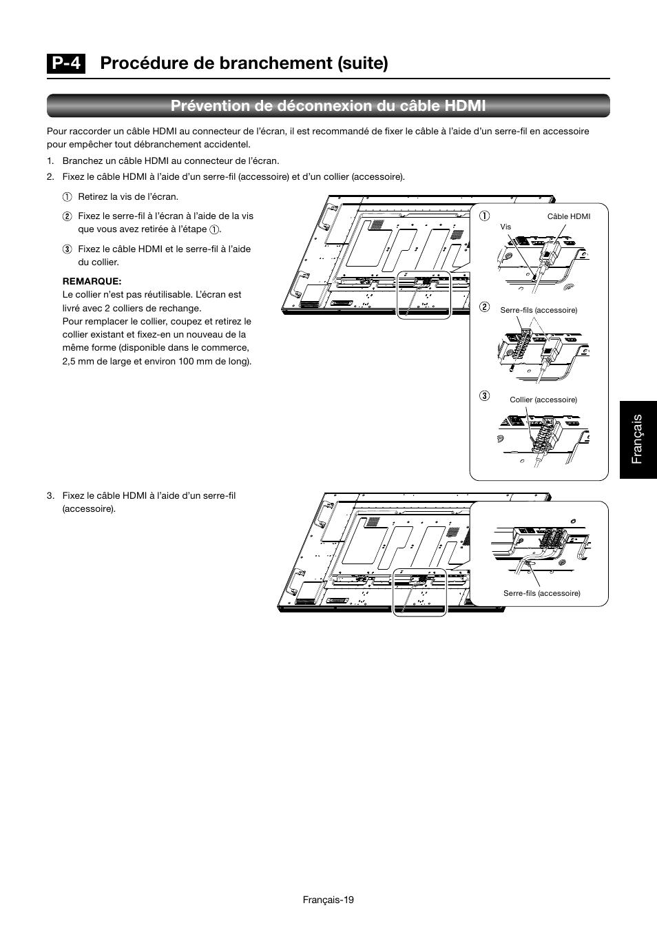 P-4 procédure de branchement (suite), Prévention de déconnexion du câble hdmi, Français | MITSUBISHI ELECTRIC MDT701S User Manual | Page 221 / 404