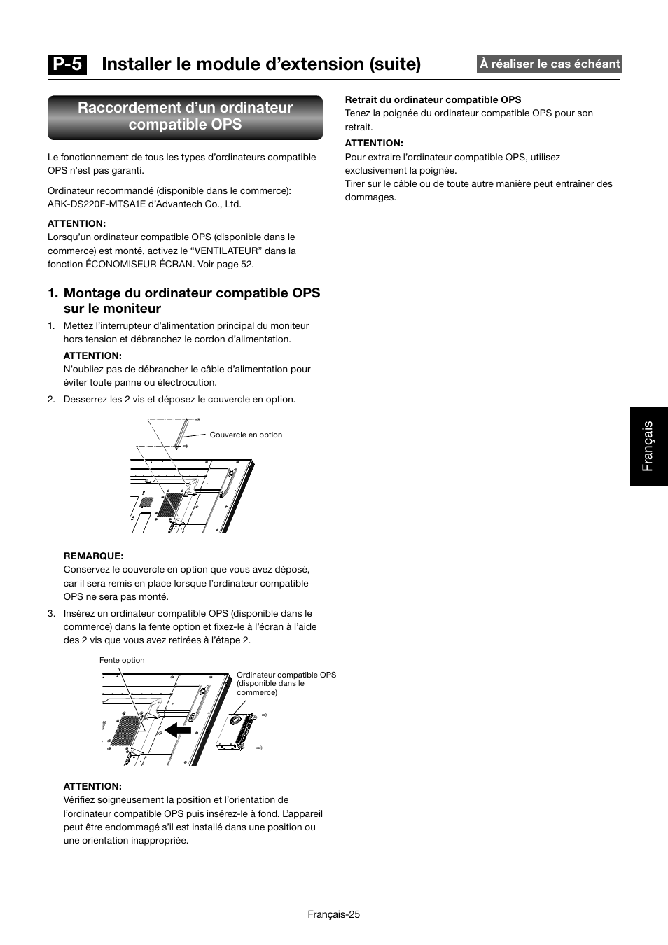 P-5 installer le module d’extension (suite), Raccordement d’un ordinateur compatible ops, Français | MITSUBISHI ELECTRIC MDT701S User Manual | Page 227 / 404