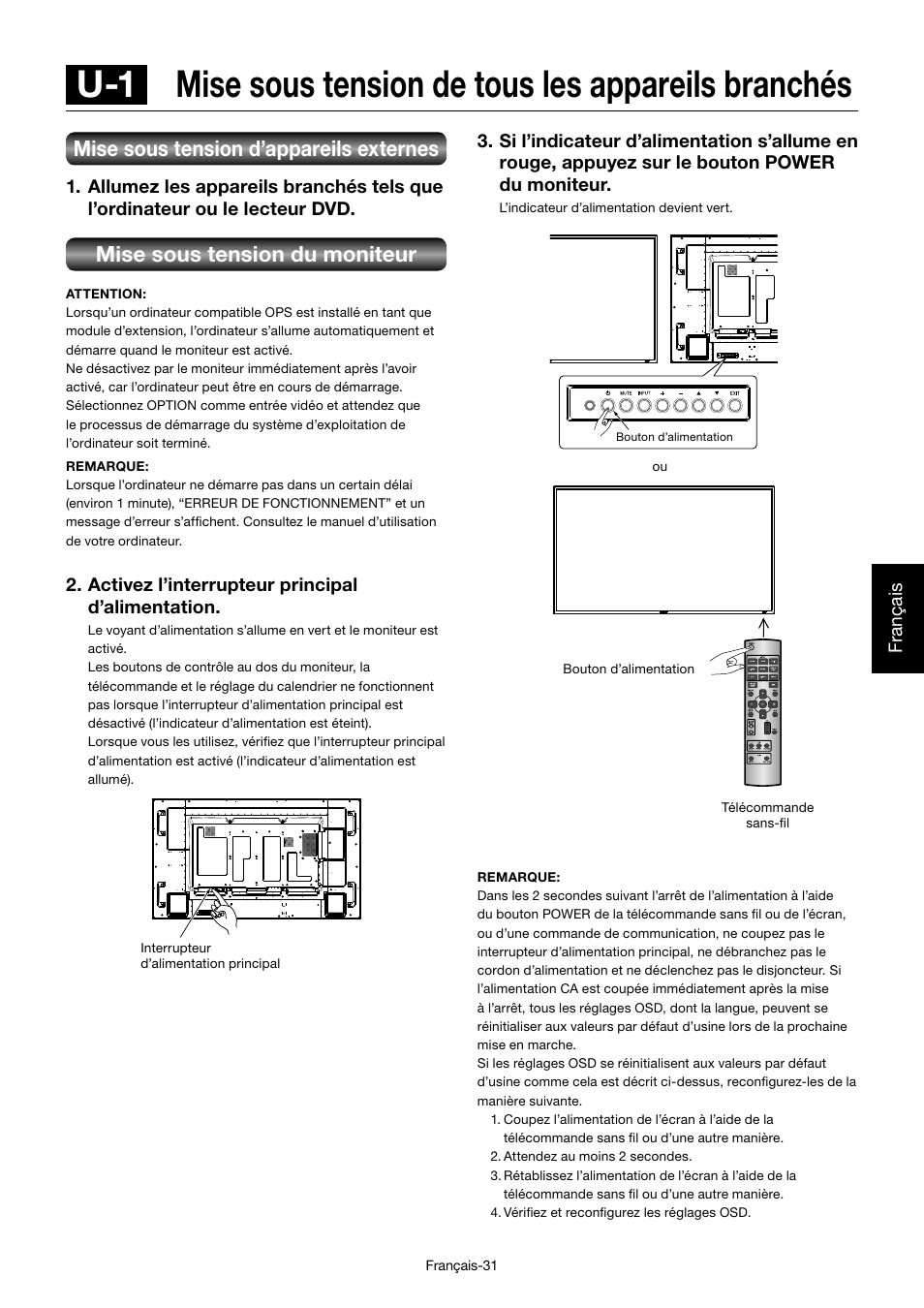 Mise sous tension d’appareils externes, Mise sous tension du moniteur, Français | Activez l’interrupteur principal d’alimentation | MITSUBISHI ELECTRIC MDT701S User Manual | Page 233 / 404