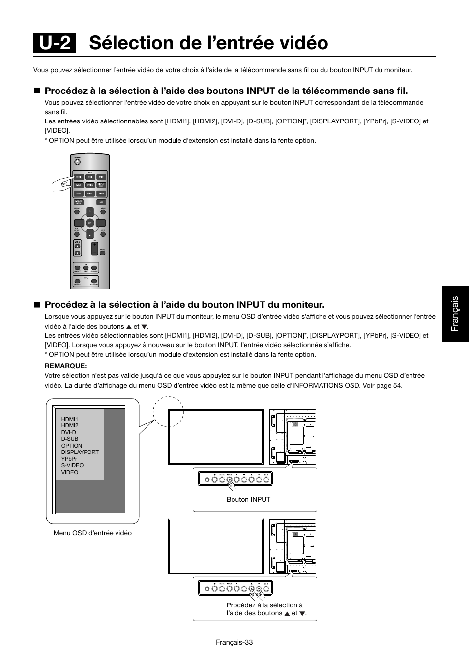 U-2 sélection de l’entrée vidéo, Français | MITSUBISHI ELECTRIC MDT701S User Manual | Page 235 / 404