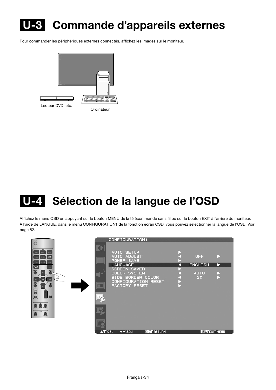 U-4 sélection de la langue de l’osd, U-3 commande d’appareils externes | MITSUBISHI ELECTRIC MDT701S User Manual | Page 236 / 404