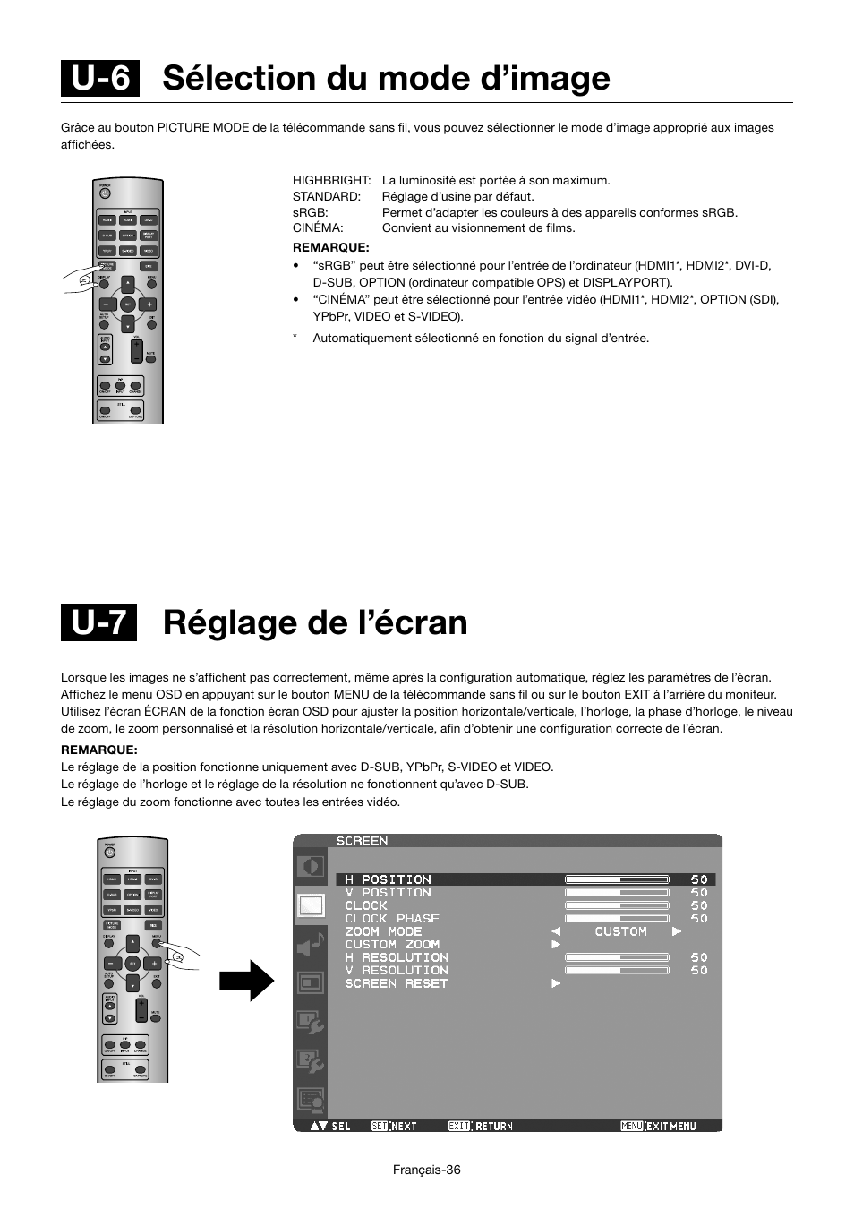 U-7 réglage de l’écran, U-6 sélection du mode d’image | MITSUBISHI ELECTRIC MDT701S User Manual | Page 238 / 404