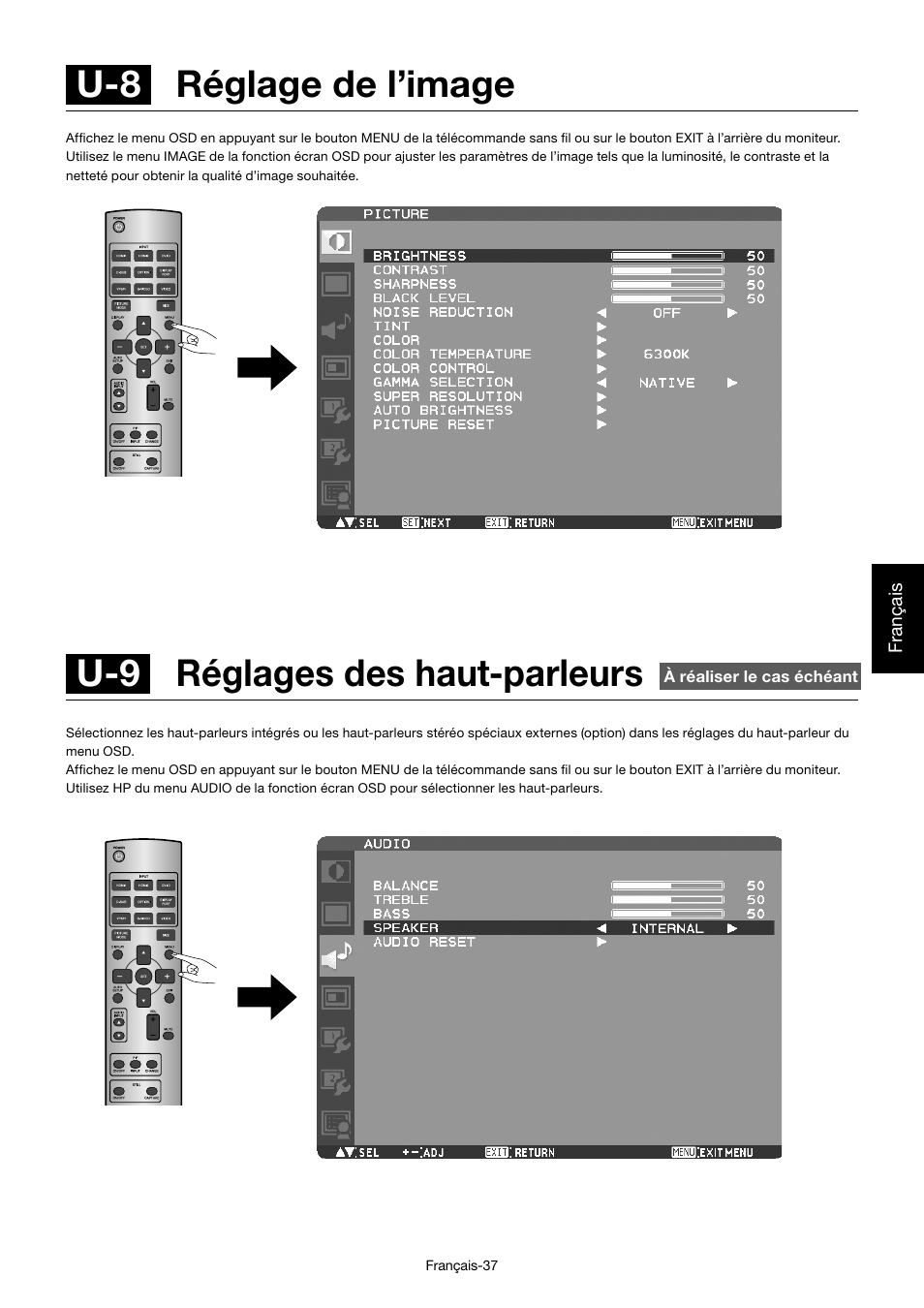 U-9 réglages des haut-parleurs, U-8 réglage de l’image | MITSUBISHI ELECTRIC MDT701S User Manual | Page 239 / 404