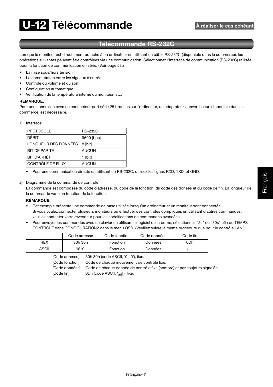 U-12 télécommande, Télécommande rs-232c, Français | MITSUBISHI ELECTRIC MDT701S User Manual | Page 243 / 404