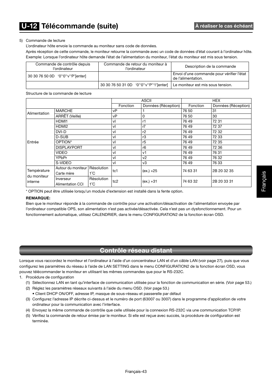 U-12 télécommande (suite), Contrôle réseau distant, Français | MITSUBISHI ELECTRIC MDT701S User Manual | Page 245 / 404