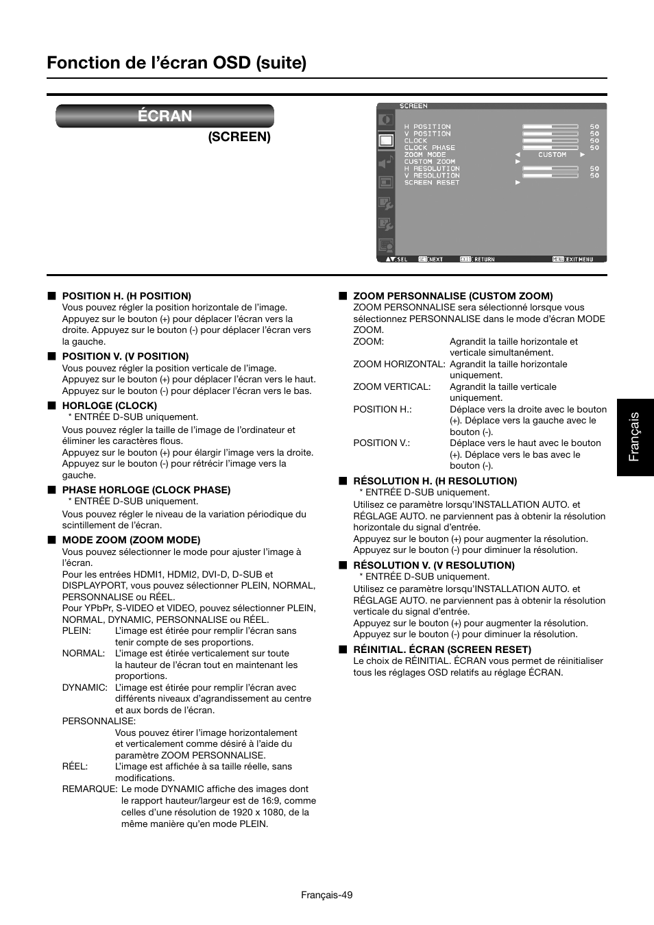 Fonction de l’écran osd (suite), Écran, Français | Screen) | MITSUBISHI ELECTRIC MDT701S User Manual | Page 251 / 404