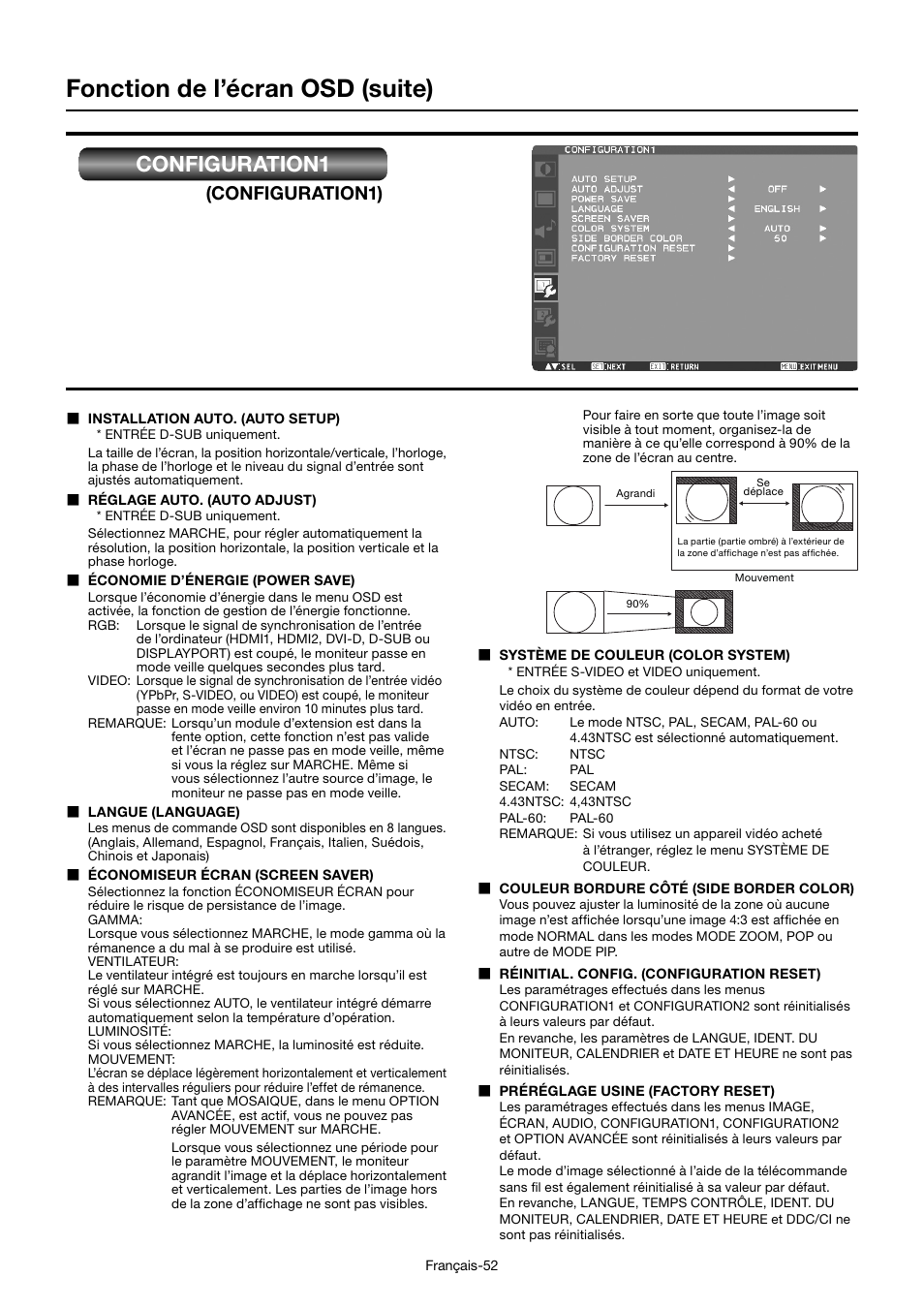 Fonction de l’écran osd (suite), Configuration1, Configuration1) | MITSUBISHI ELECTRIC MDT701S User Manual | Page 254 / 404