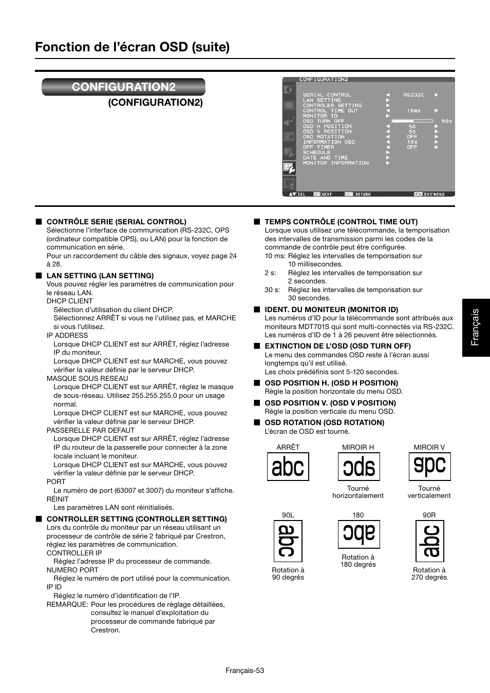 Fonction de l’écran osd (suite), Configuration2, Français | Configuration2) | MITSUBISHI ELECTRIC MDT701S User Manual | Page 255 / 404