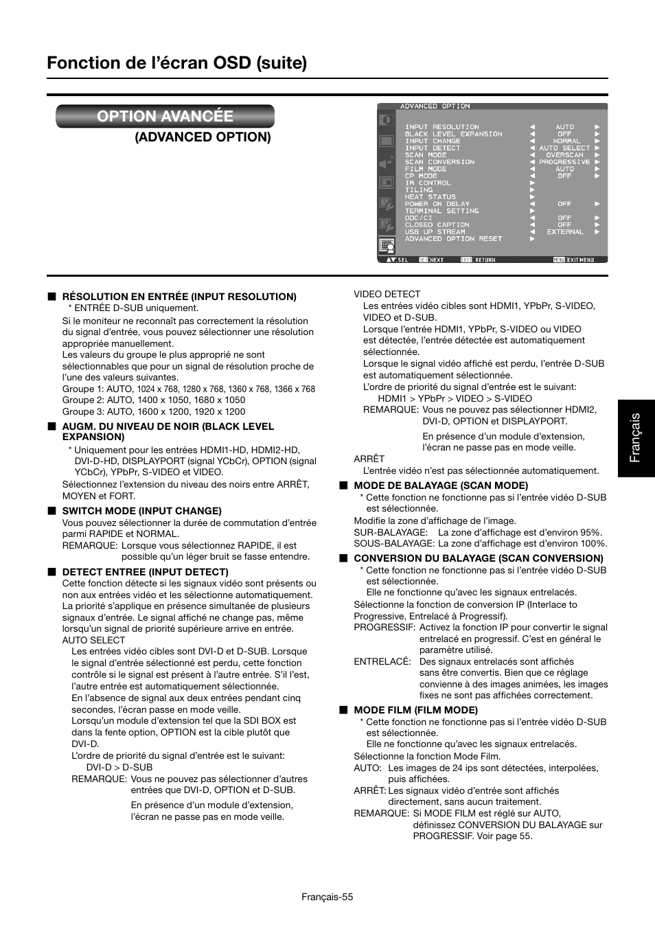 Fonction de l’écran osd (suite), Option avancée, Français | Advanced option) | MITSUBISHI ELECTRIC MDT701S User Manual | Page 257 / 404