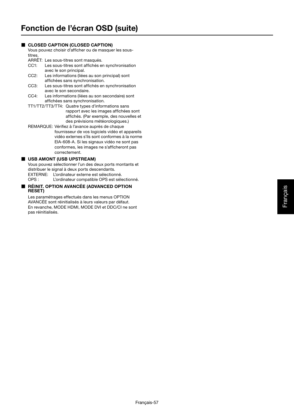 Fonction de l’écran osd (suite), Français | MITSUBISHI ELECTRIC MDT701S User Manual | Page 259 / 404