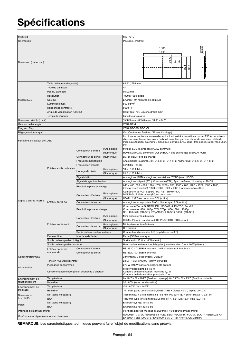 Spécifi cations, Français-64 | MITSUBISHI ELECTRIC MDT701S User Manual | Page 266 / 404