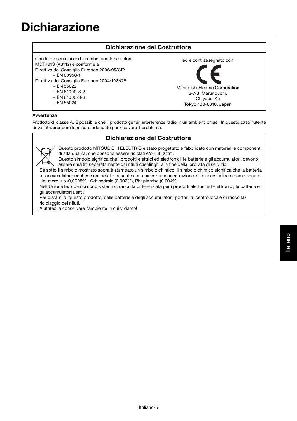 Dichiarazione | MITSUBISHI ELECTRIC MDT701S User Manual | Page 273 / 404