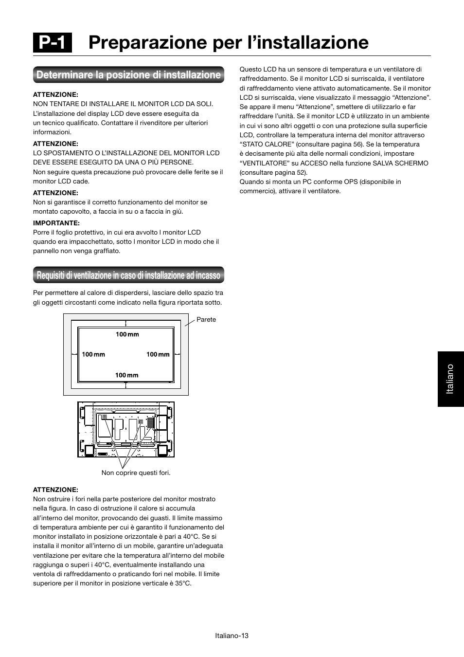 P-1 preparazione per l’installazione, Determinare la posizione di installazione, Italiano | MITSUBISHI ELECTRIC MDT701S User Manual | Page 281 / 404