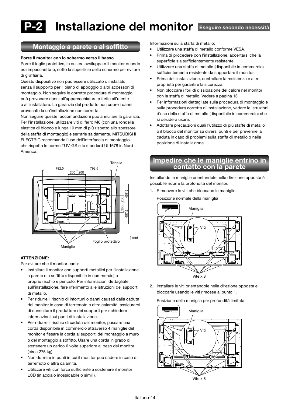 P-2 installazione del monitor, Montaggio a parete o al soffi tto | MITSUBISHI ELECTRIC MDT701S User Manual | Page 282 / 404