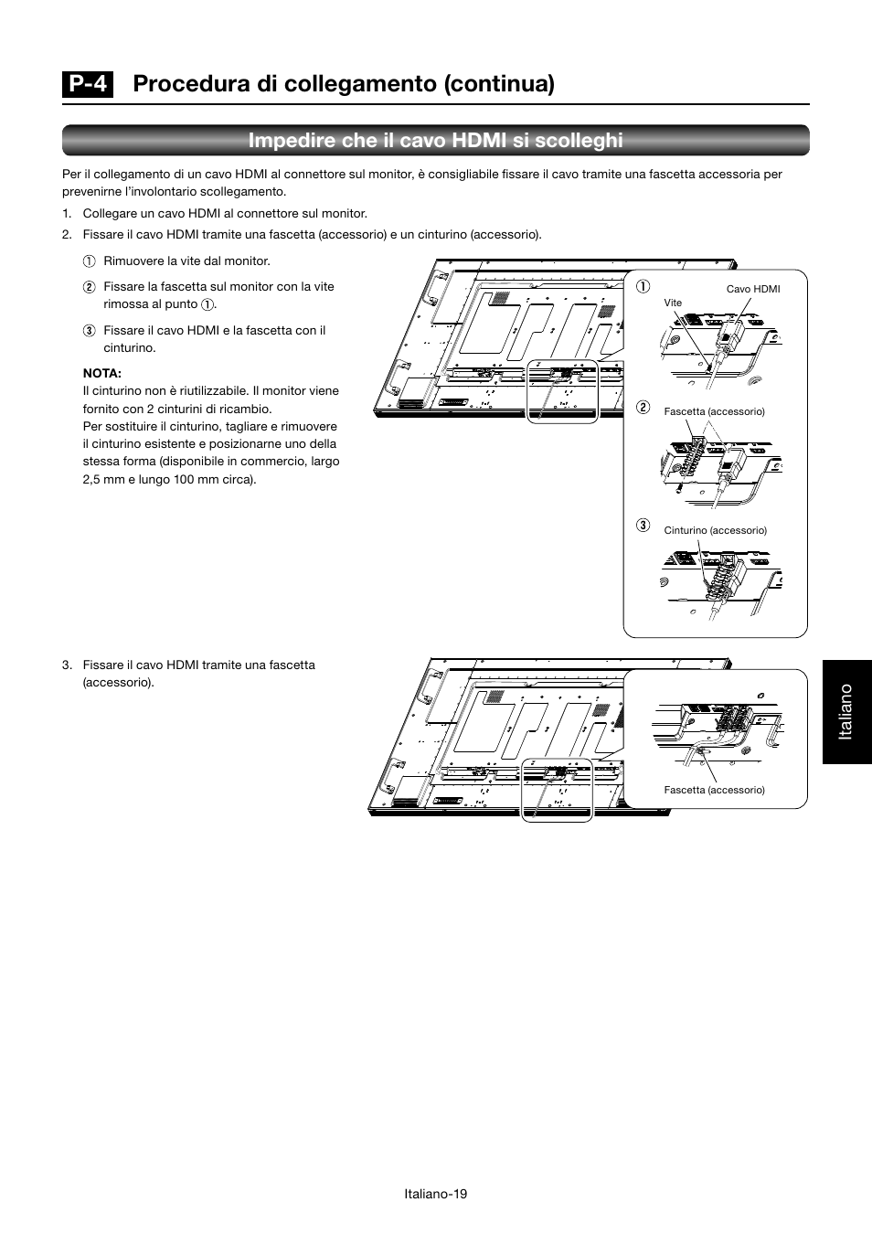 P-4 procedura di collegamento (continua), Impedire che il cavo hdmi si scolleghi, Italiano | MITSUBISHI ELECTRIC MDT701S User Manual | Page 287 / 404