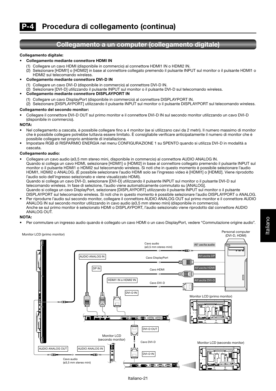 P-4 procedura di collegamento (continua), Collegamento a un computer (collegamento digitale), Italiano | MITSUBISHI ELECTRIC MDT701S User Manual | Page 289 / 404