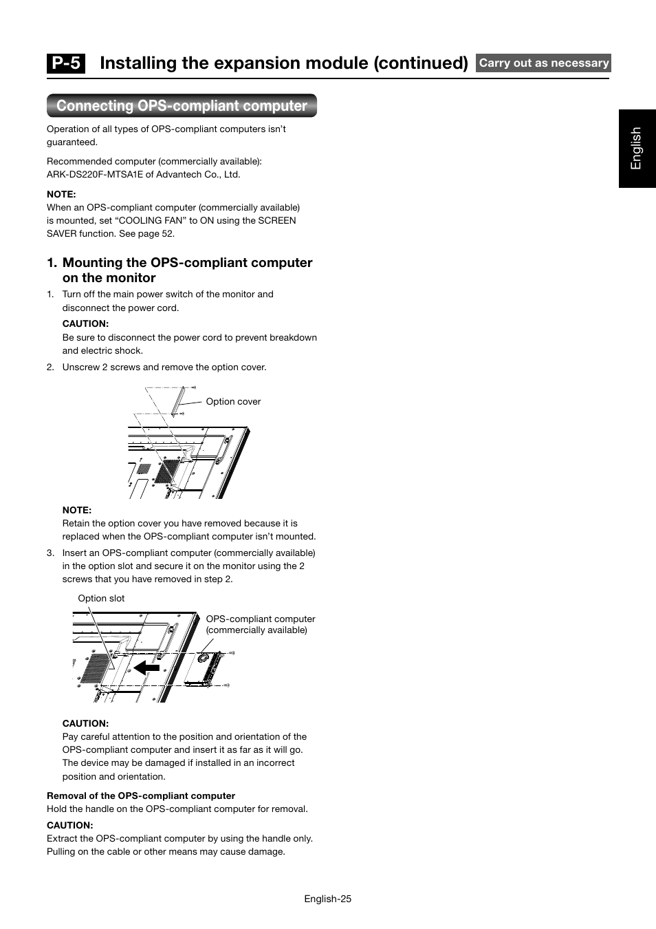 P-5 installing the expansion module (continued), Connecting ops-compliant computer, English | Mounting the ops-compliant computer on the monitor | MITSUBISHI ELECTRIC MDT701S User Manual | Page 29 / 404