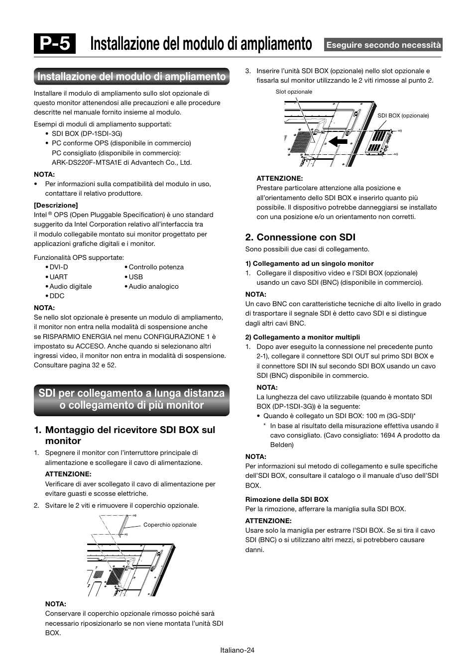 P-5 installazione del modulo di ampliamento, Installazione del modulo di ampliamento, Connessione con sdi | Montaggio del ricevitore sdi box sul monitor | MITSUBISHI ELECTRIC MDT701S User Manual | Page 292 / 404