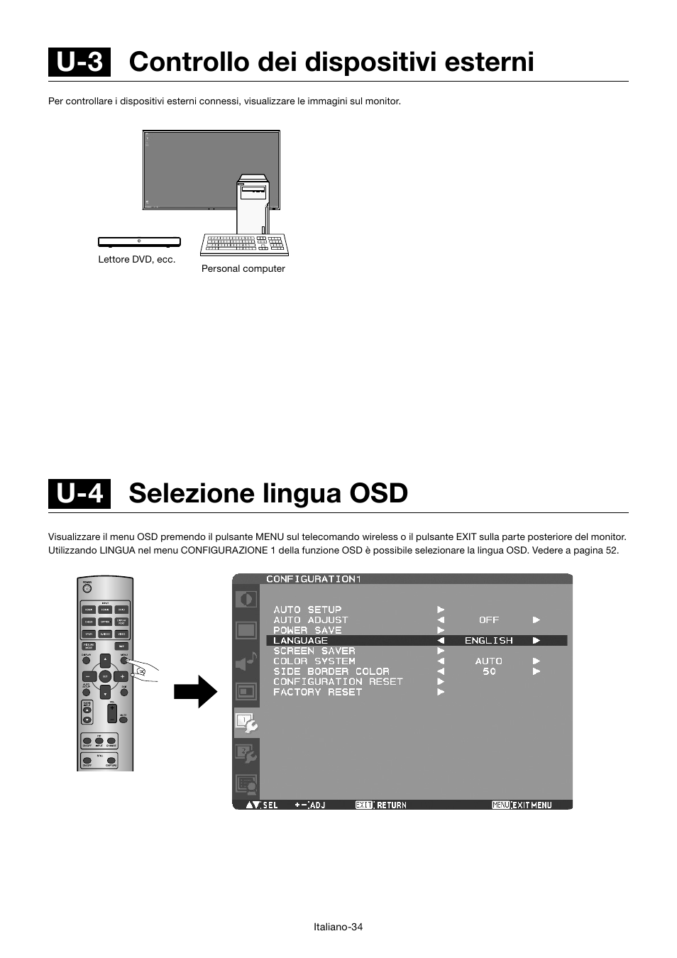 U-4 selezione lingua osd, U-3 controllo dei dispositivi esterni | MITSUBISHI ELECTRIC MDT701S User Manual | Page 302 / 404