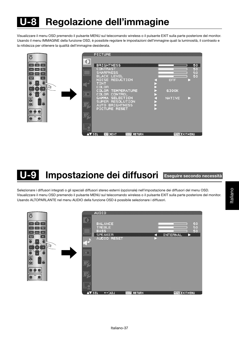 U-9 impostazione dei diffusori, U-8 regolazione dell’immagine | MITSUBISHI ELECTRIC MDT701S User Manual | Page 305 / 404