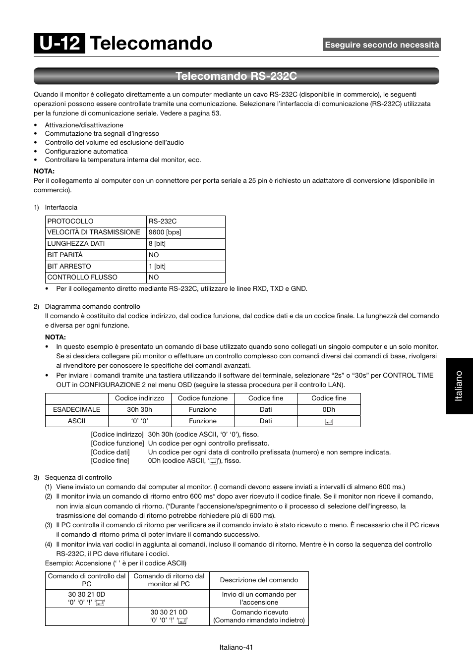 U-12 telecomando, Telecomando rs-232c, Italiano | MITSUBISHI ELECTRIC MDT701S User Manual | Page 309 / 404