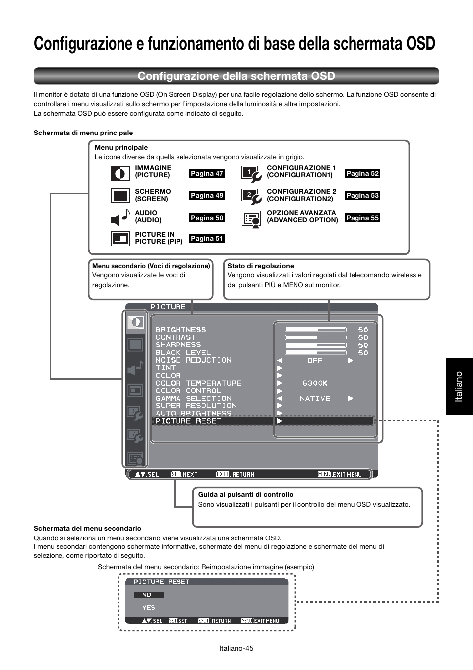 Confi gurazione della schermata osd, Italiano | MITSUBISHI ELECTRIC MDT701S User Manual | Page 313 / 404