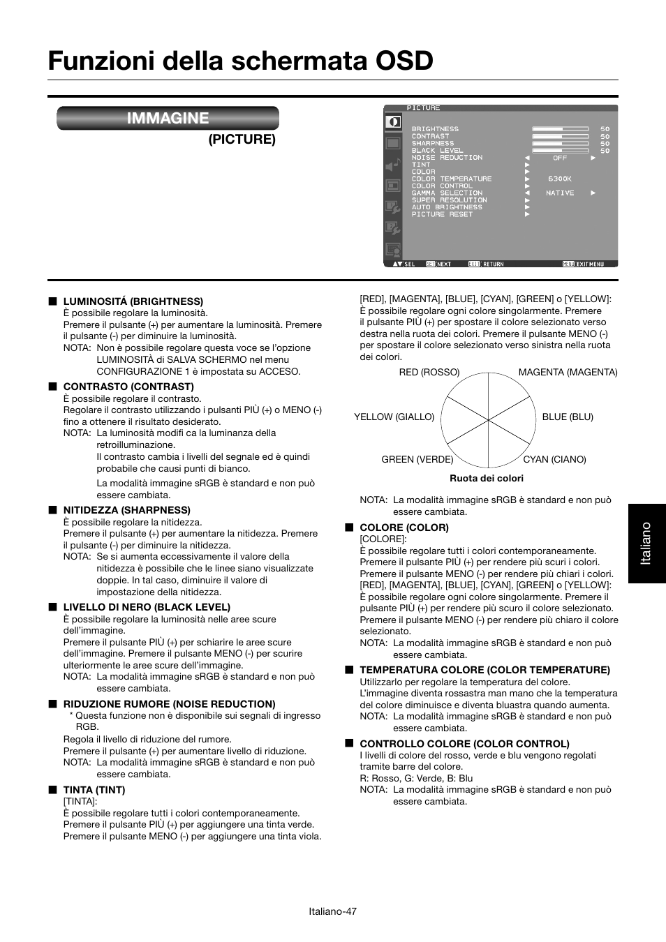 Funzioni della schermata osd, Immagine, Italiano | Picture) | MITSUBISHI ELECTRIC MDT701S User Manual | Page 315 / 404