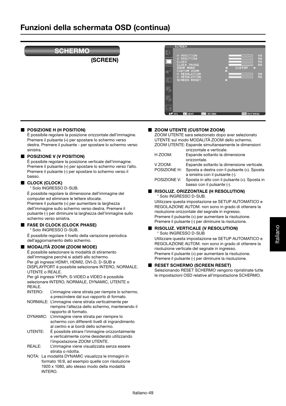 Funzioni della schermata osd (continua), Schermo, Italiano | Screen) | MITSUBISHI ELECTRIC MDT701S User Manual | Page 317 / 404