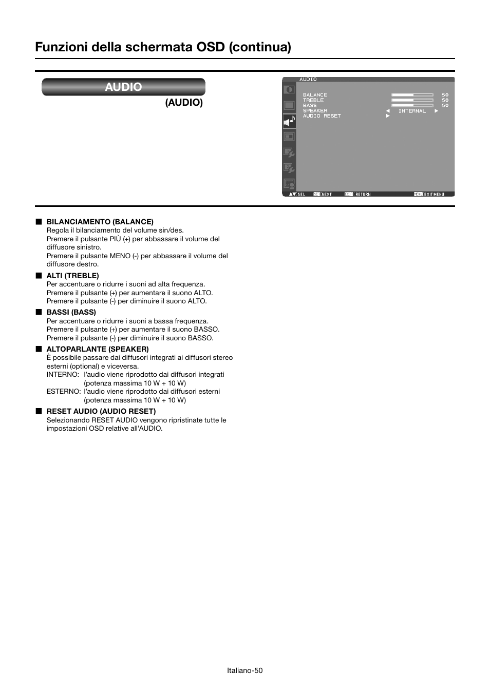 Funzioni della schermata osd (continua), Audio | MITSUBISHI ELECTRIC MDT701S User Manual | Page 318 / 404