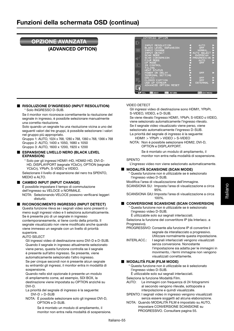 Funzioni della schermata osd (continua), Opzione avanzata, Italiano | Advanced option) | MITSUBISHI ELECTRIC MDT701S User Manual | Page 323 / 404