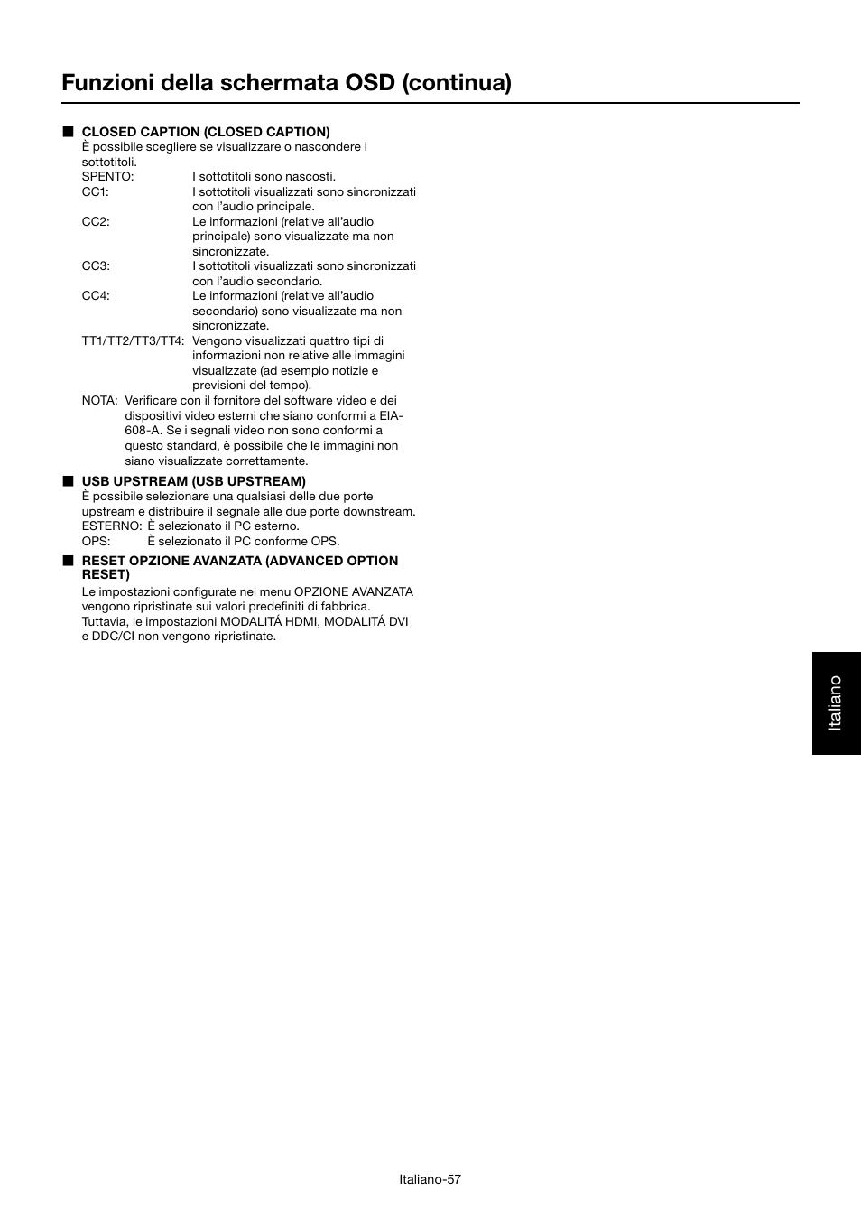 Funzioni della schermata osd (continua), Italiano | MITSUBISHI ELECTRIC MDT701S User Manual | Page 325 / 404