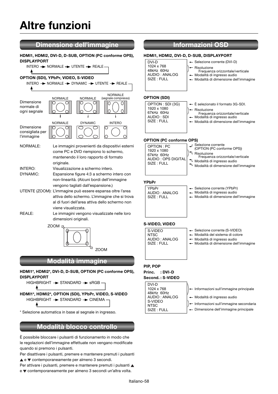 Altre funzioni, Dimensione dell’immagine, Modalità immagine | Modalità blocco controllo, Informazioni osd | MITSUBISHI ELECTRIC MDT701S User Manual | Page 326 / 404