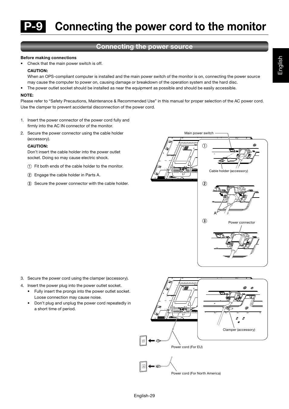 P-9 connecting the power cord to the monitor, Connecting the power source, English | MITSUBISHI ELECTRIC MDT701S User Manual | Page 33 / 404